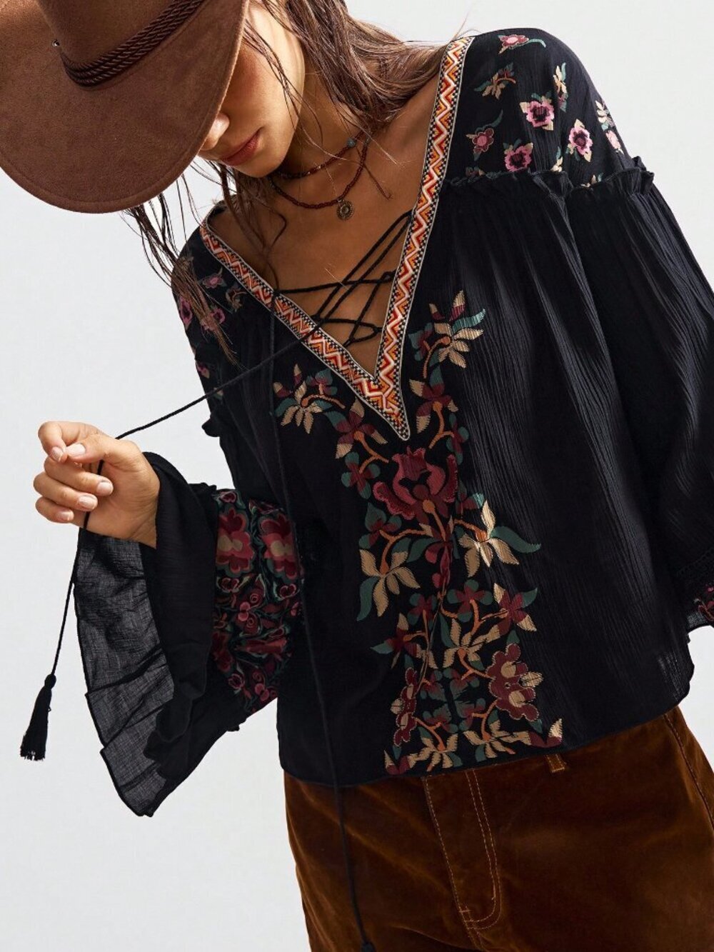 Black Boho Women's Vacation Casual Embroidered V-Neck Blouse